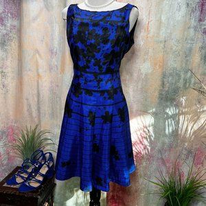 📌Gabby Skye Elegant Atlas Royal Blue/ Black Fit & Flare Sleeveless Dress